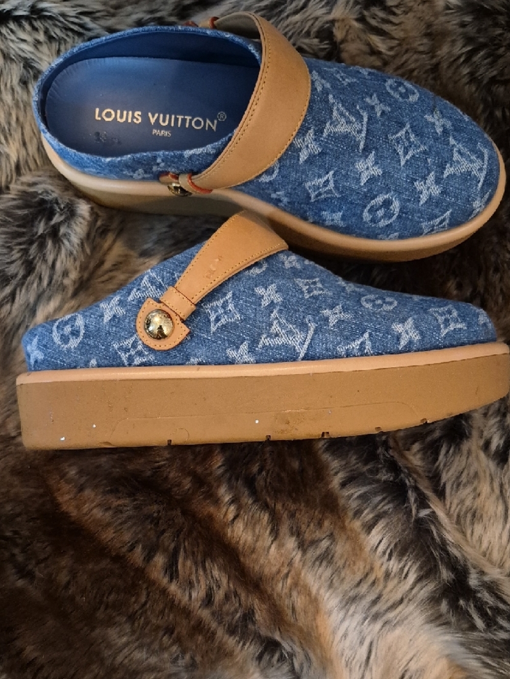 Louis Vuitton Denim Monogram Clogs - Blue & Tan Leather Strap - Picture 2 of 5